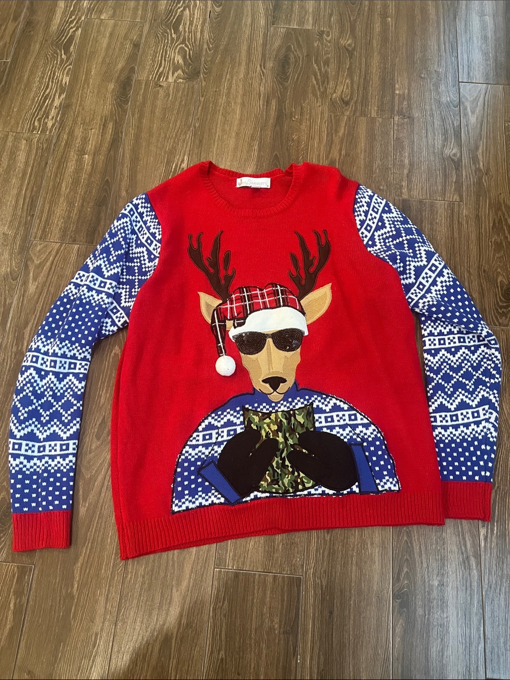 Red Graphic Reindeer Crewneck Sweater with Blue Patterned Sleeves